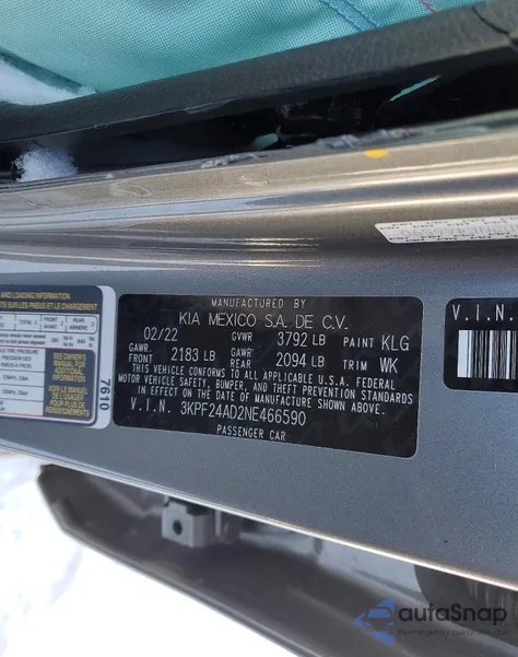 2022 Kia Forte Fe z USA, uszkodzony, nr VIN 3KPF24AD2NE466590